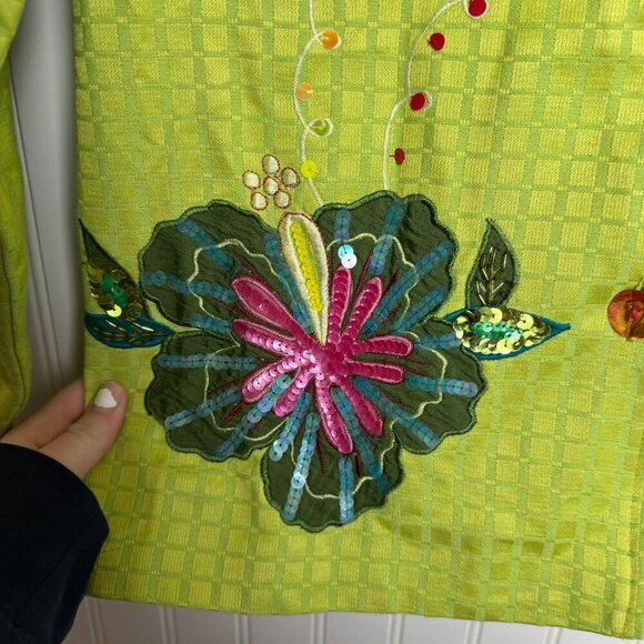 Alex Kim lime green sequin appliqued button front blazer/jacket size small G30 - Picture 2 of 6